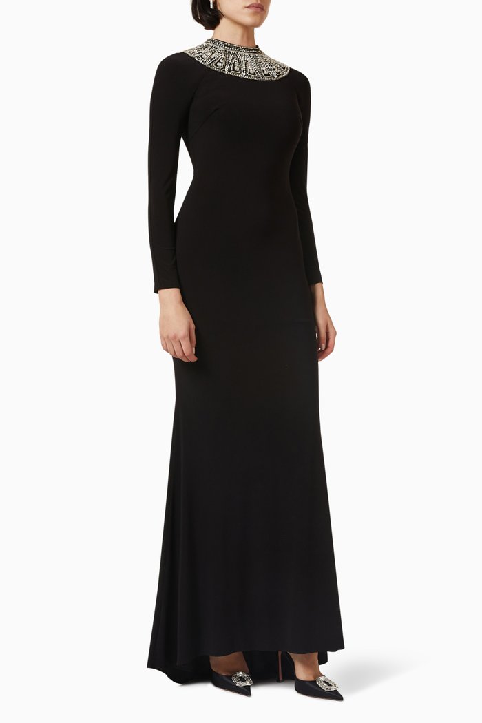

Embellished-neck Maxi Dress in Jersey, Black