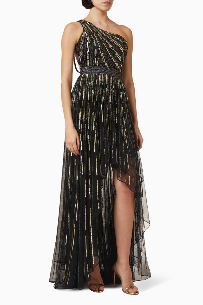 

Embellished One-shoulder Maxi Dress in Tulle, Black