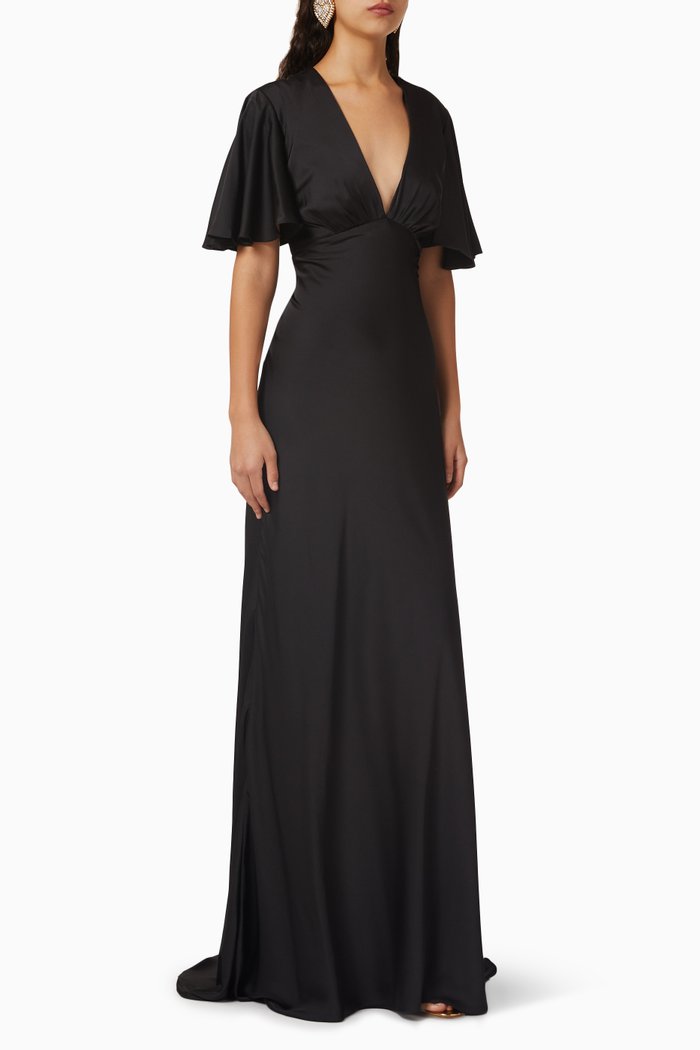 

Flounce-sleeve Maxi Dress in Charmeuse, Black