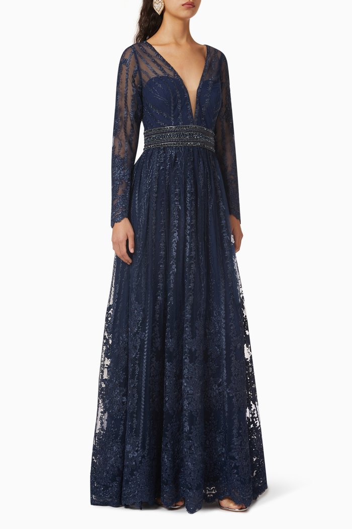

Floral Illusion Beaded Maxi Dress in Lace, Blue