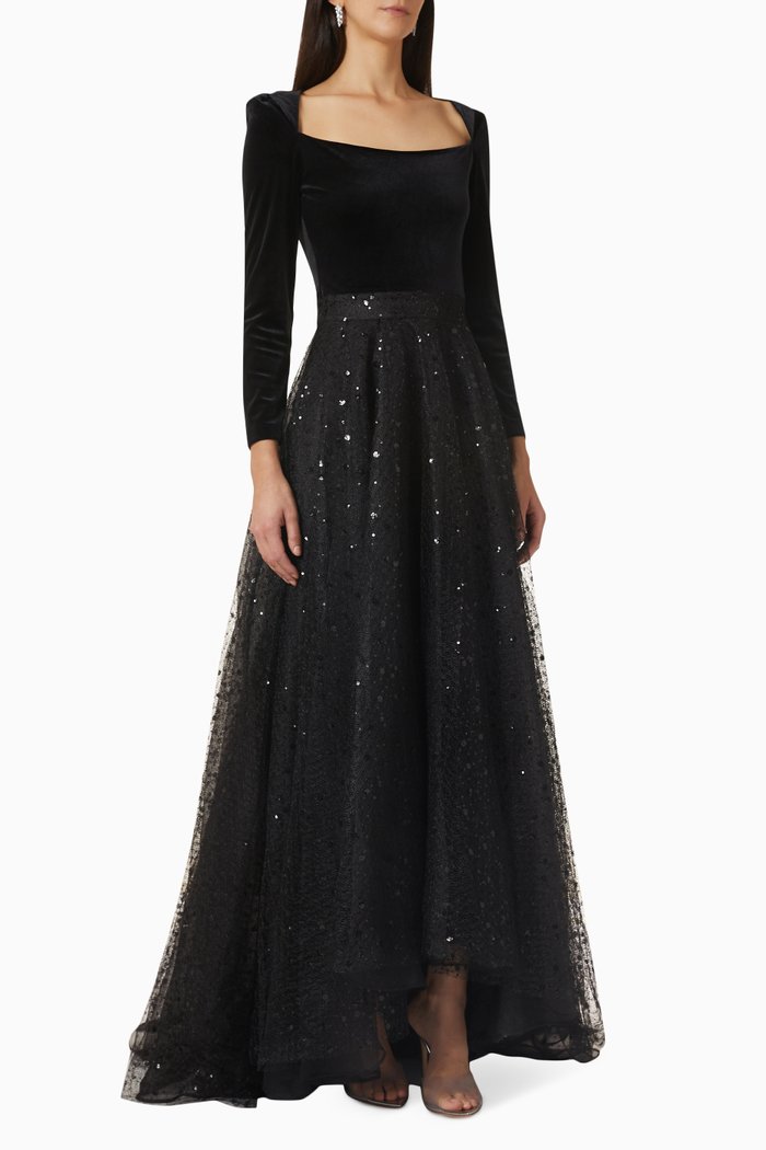 

Glitter Sequin Gown in Velvet & Tulle, Black