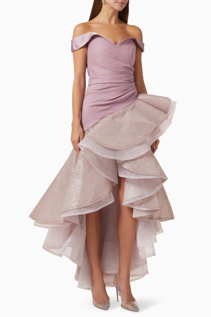 

Frill Off-shoulder Dress in Satin-crepe, Orange