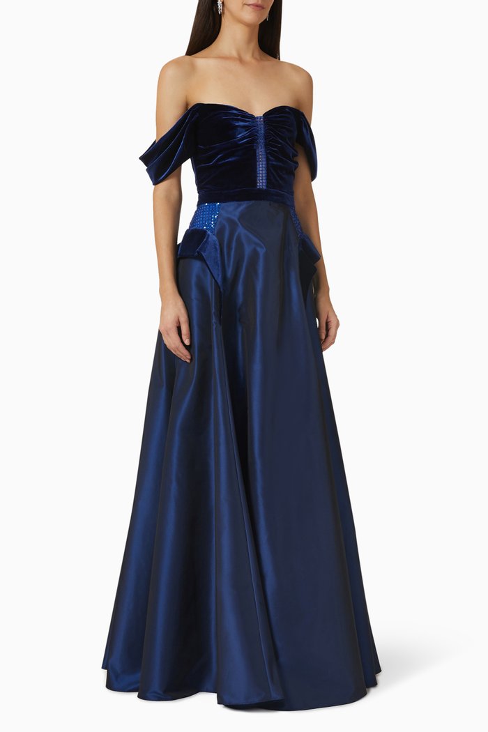 

Off-shoulder Gown in Velvet & Taffeta, Blue