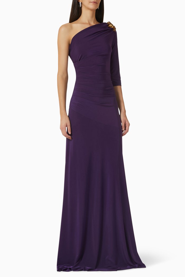 

Embellished One-shoulder Gown in Jersey, Purple