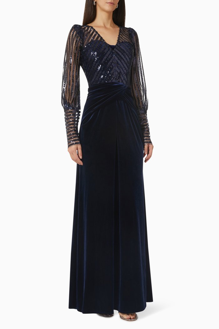 

Striped Sequin Gown in Tulle & Velvet, Blue
