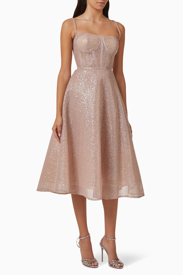 Bustier Midi Dress in Sequin, Pink