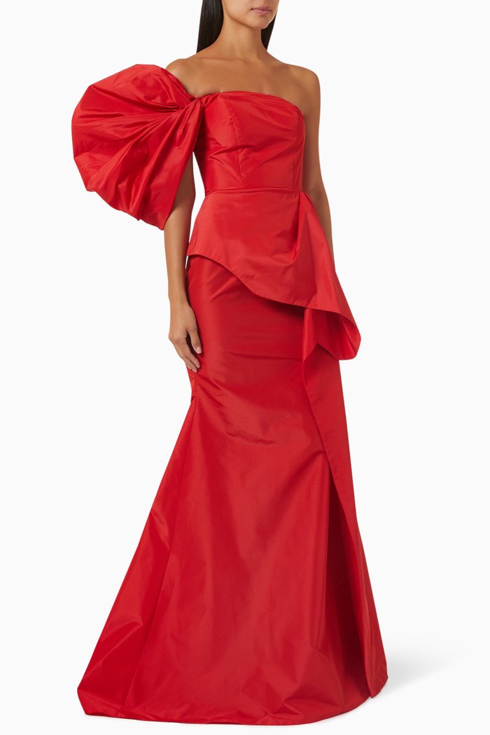 

One-shoulder Gown in Taffeta, Red
