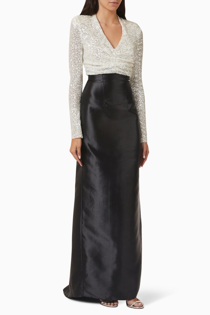 

Long Sleeve Maxi Dress in Sequin & Satin, White