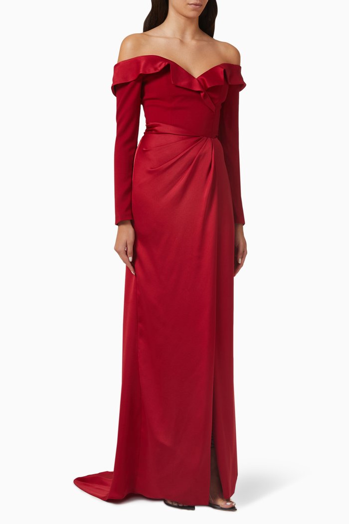 

Off-shoulder Maxi Dress in Satin, Red