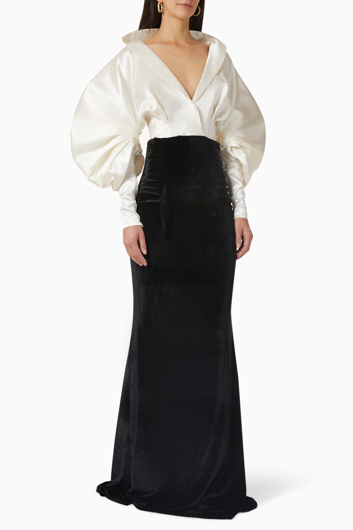 

Oversized-sleeves Gown in Satin & Crepe, White