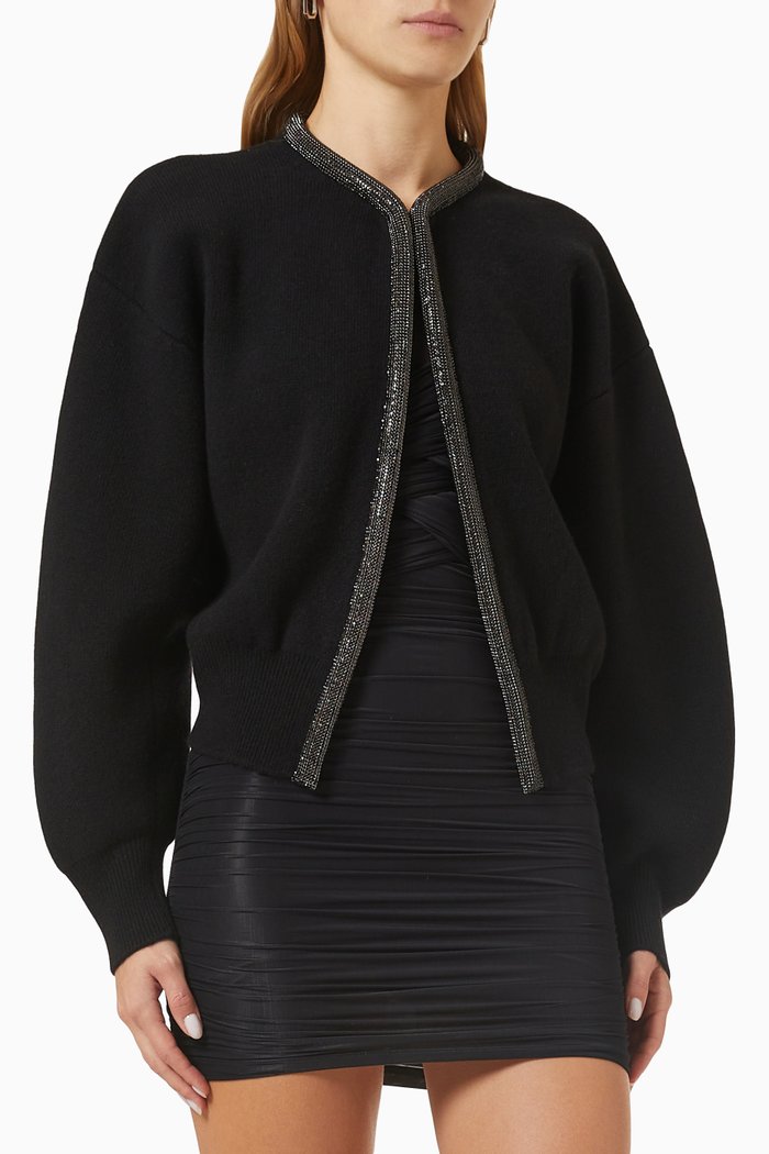 

Crystal Trim Cardigan in Boiled-wool, Black