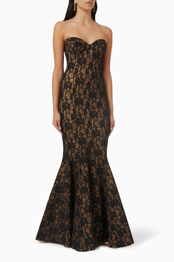 

Corset Strapless Maxi Dress in Lace, Black