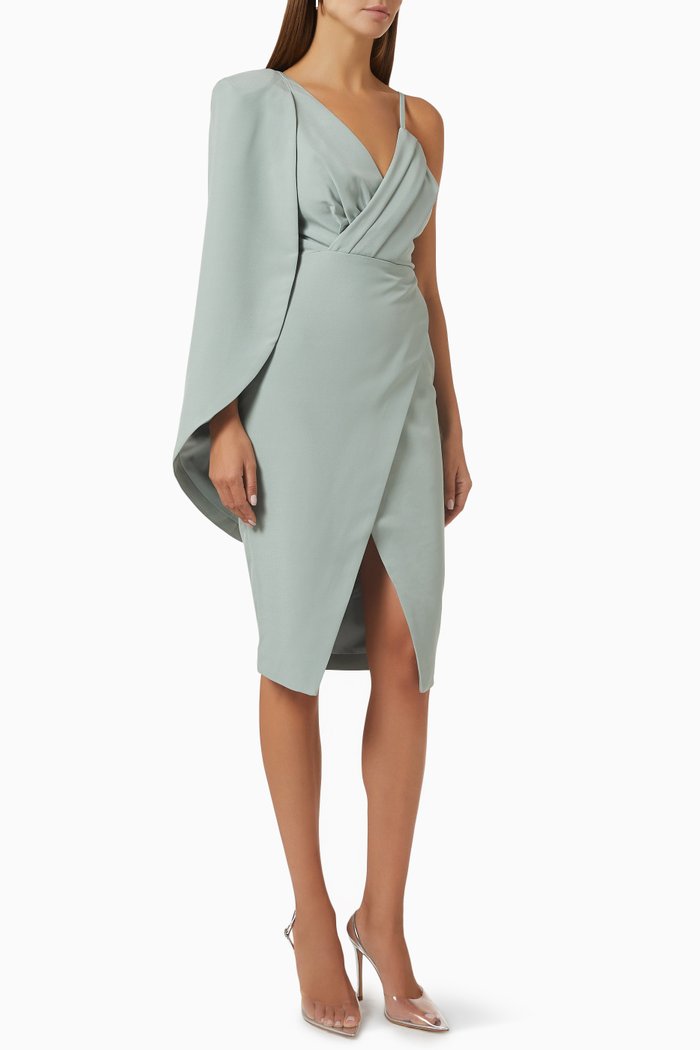

One-shoulder Cape Midi Dress, Green