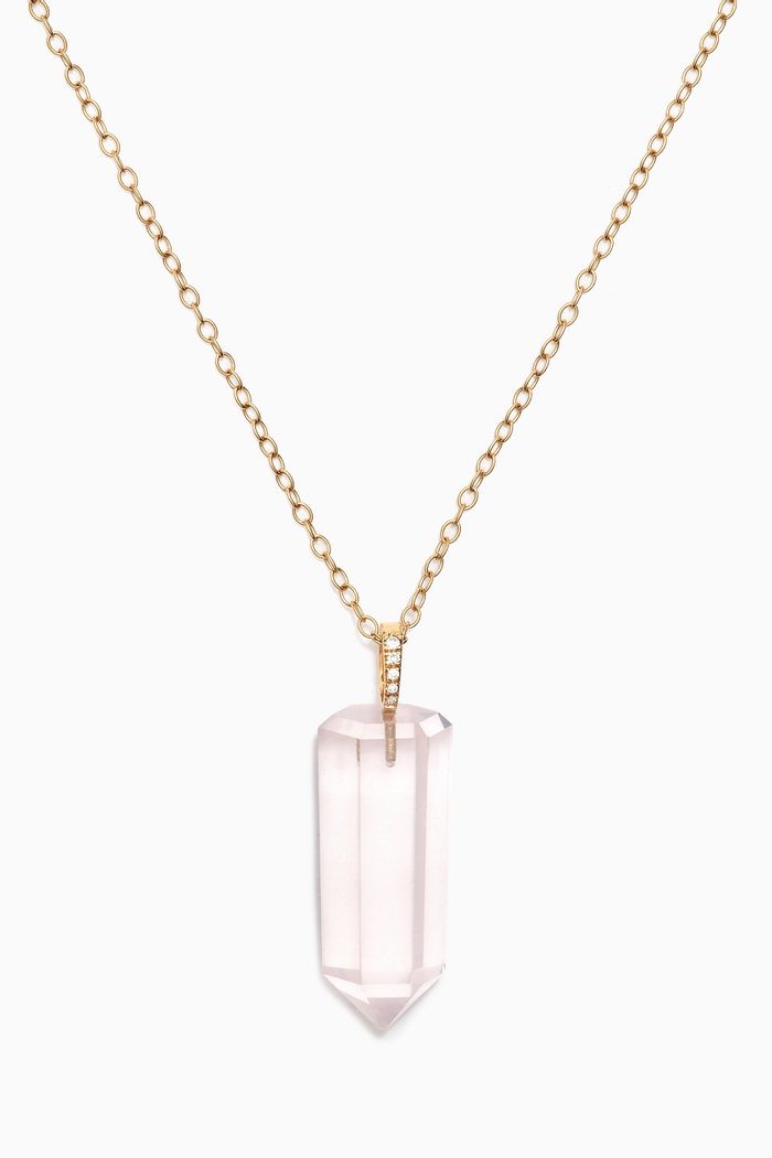 Iqra Diamond & Rose Quartz Necklace in 18kt Yellow Gold