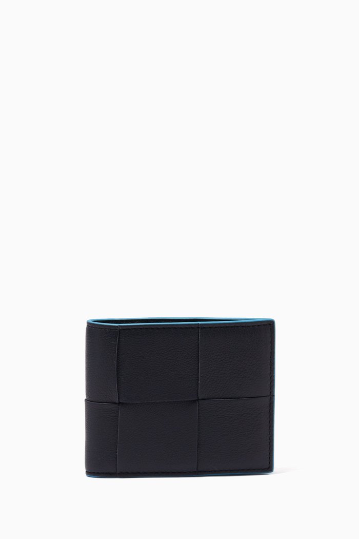 Bi-fold Wallet in Intrecciato Leather, Blue