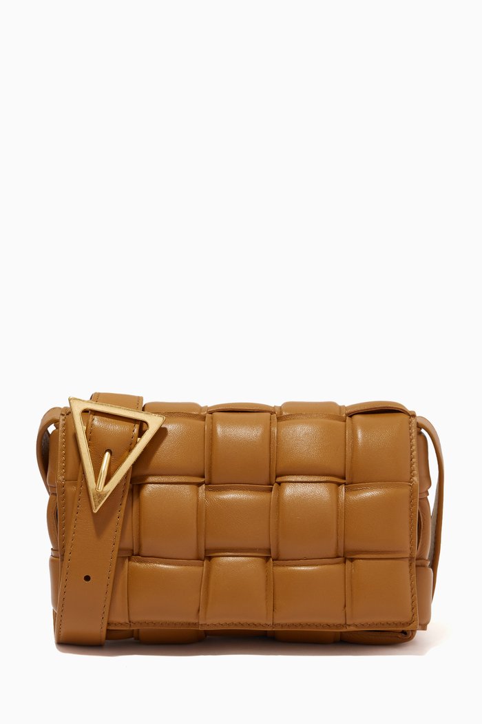 

Small Padded Cassette Bag in Intreccio Leather, Brown
