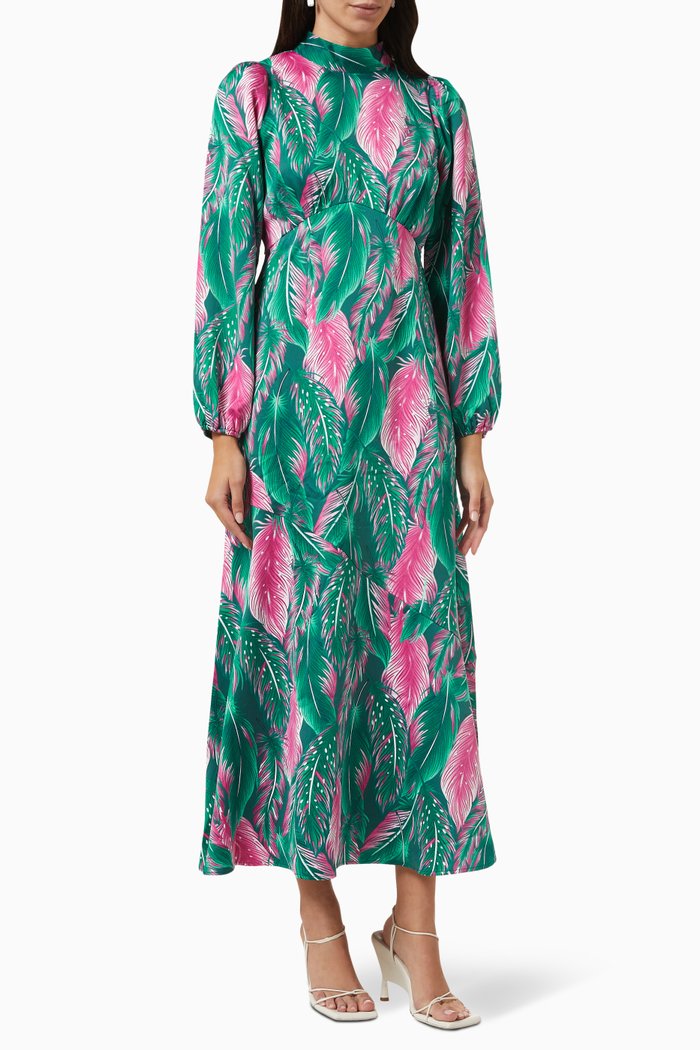 Yasfia Printed Midi Dress in Recycled Crepe, Green