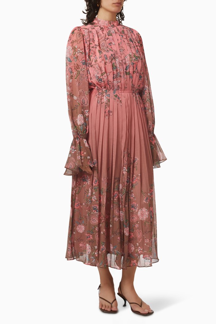 

Fara Floral-print Pleated Midi Dress, Pink