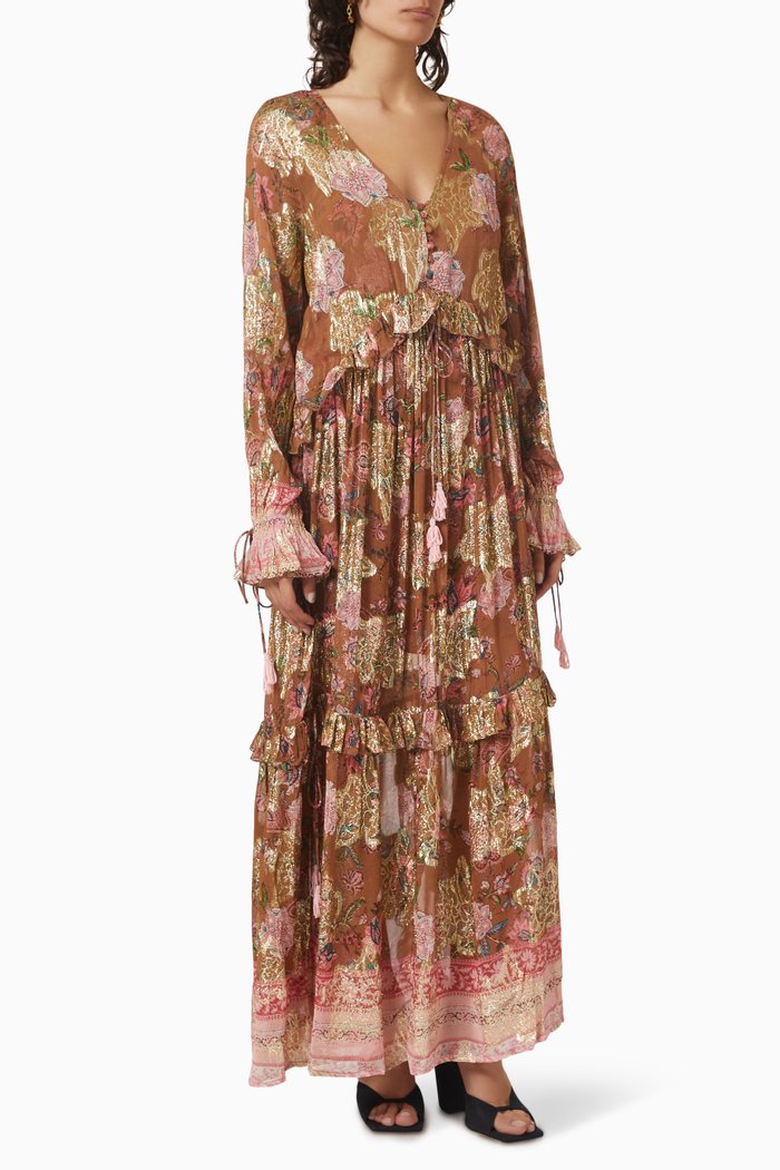 

Fara Floral-print Maxi Dress in Lurex-viscose, Brown