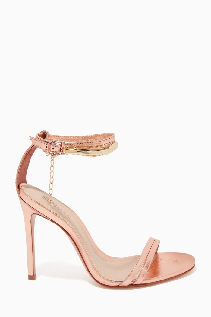 

Bangle Strap 100mm Heel Sandals in Metallic Leather, Brown