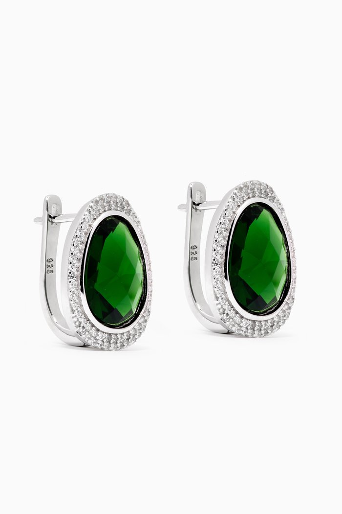 Stone Crystal Clip Earrings in Sterling Silver, Green