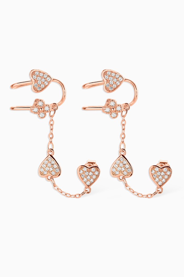 Chain Heart Crystal Cuff Earrings in Sterling Silver, Rose gold