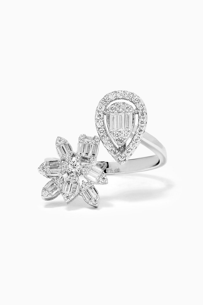 Flower & Pear-shaped Crystal Open Ring in Sterling Silver