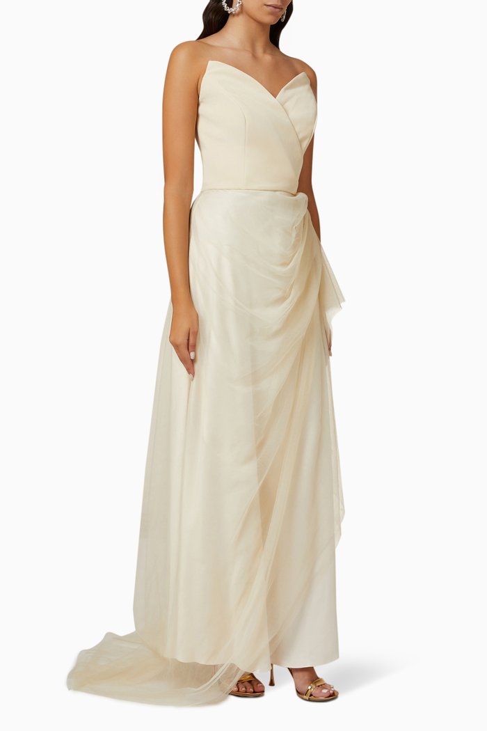 

Strapless Wrap Gown in Tulle, Neutral