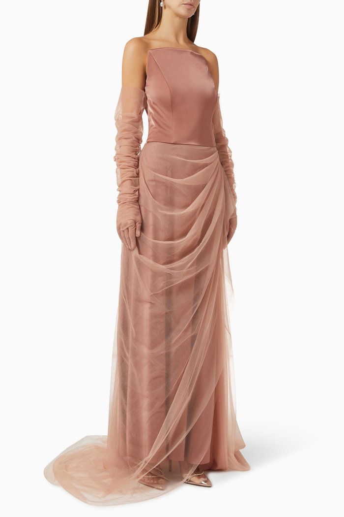 

Strapless Draped Gown in Tulle, Pink