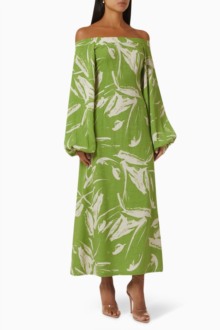 

Linden Balloon-sleeve Printed Kaftan in Cotton, Green