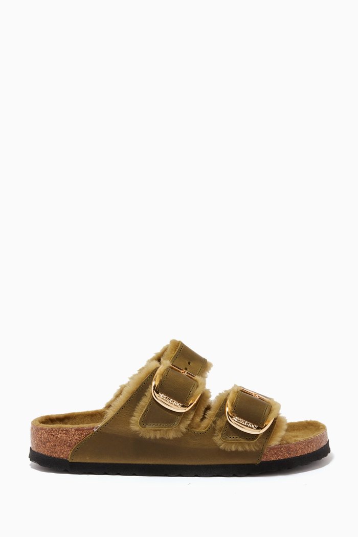 

Arizona Big-buckle Sandals in Oiled-leather & Shearling, Green
