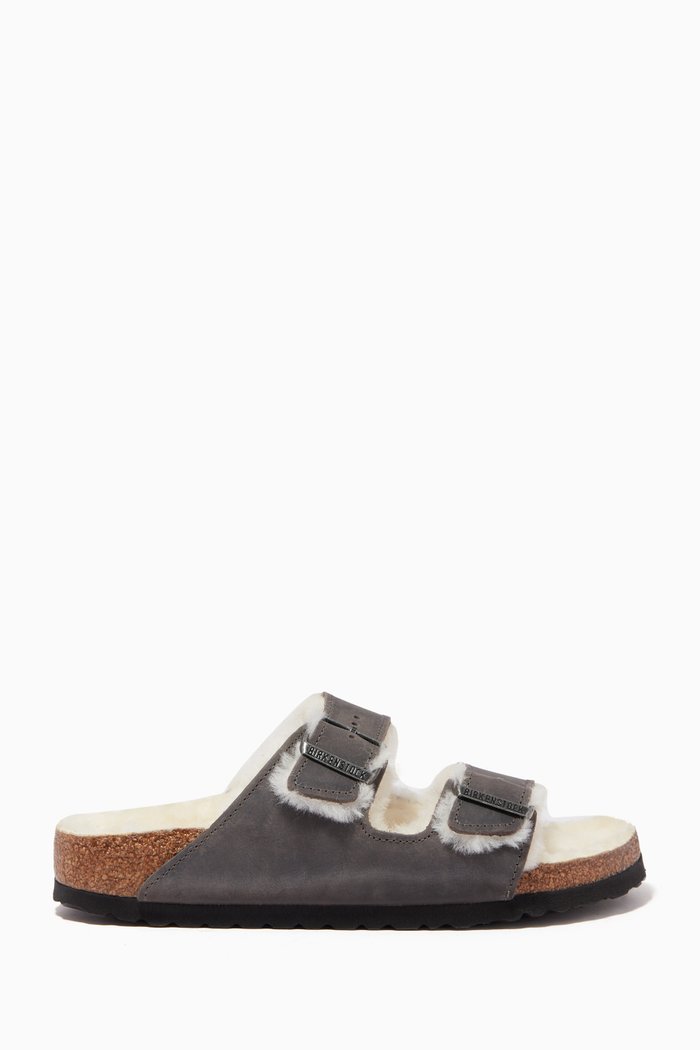 

Arizona Two-strap Shearling Sandals in Oiled Leather, Grey