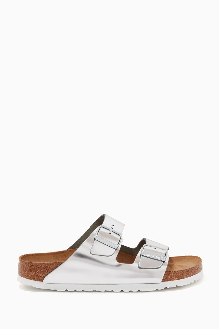 Arizona Two-straps Sandals in Metallic Leather, Silver