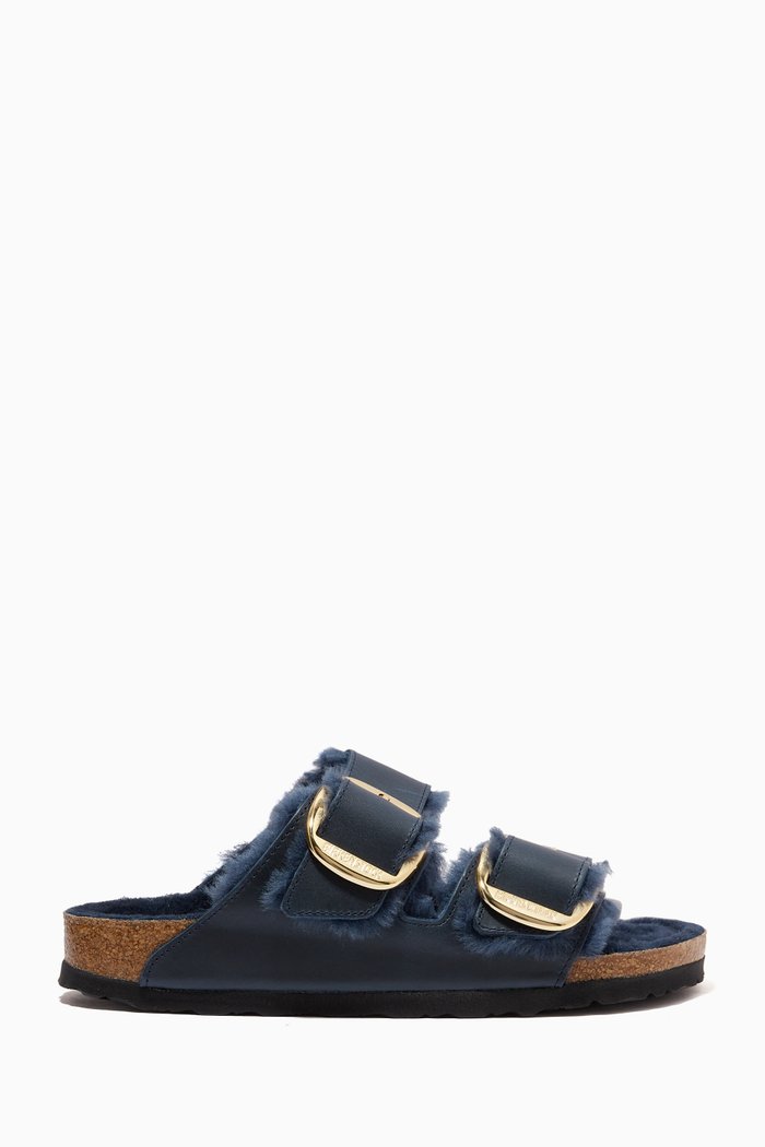 

Arizona Big-buckle Sandals in Oiled-leather & Shearling, Blue