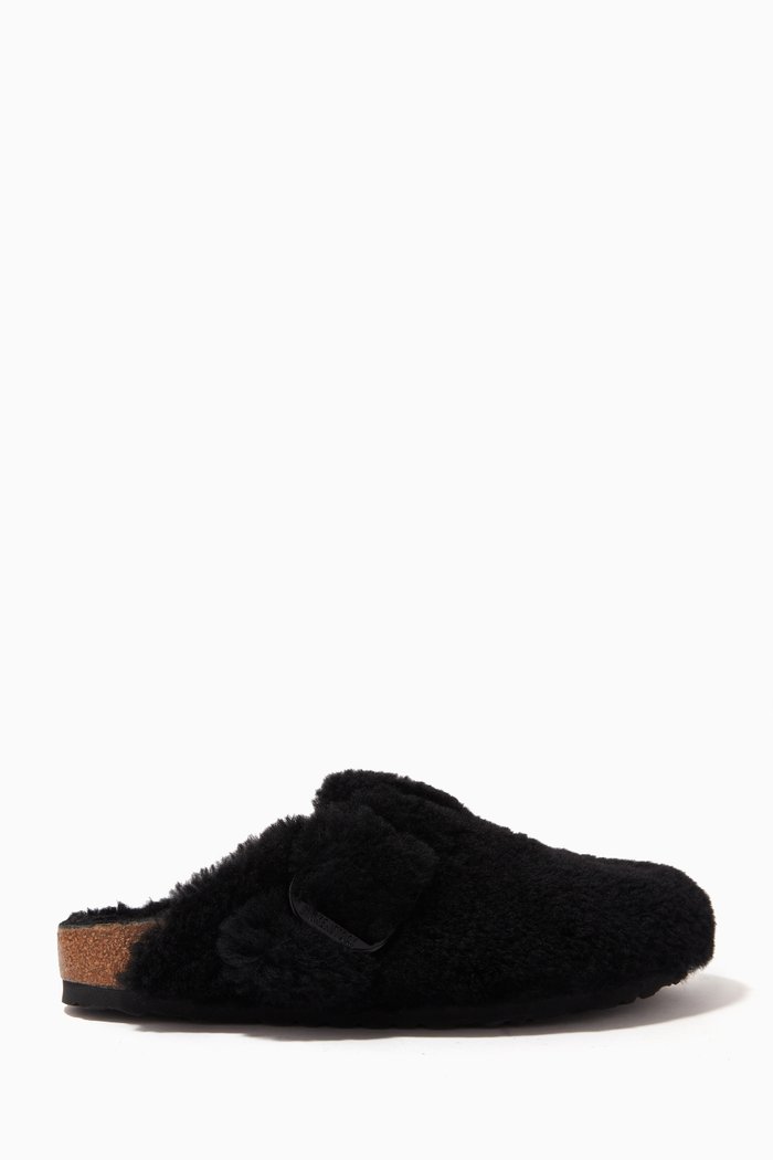 

Boston Big Buckle Mules in Shearling, Black