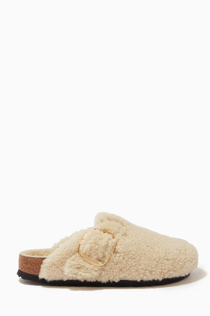 

Boston Big Buckle Mules in Shearling, Neutral