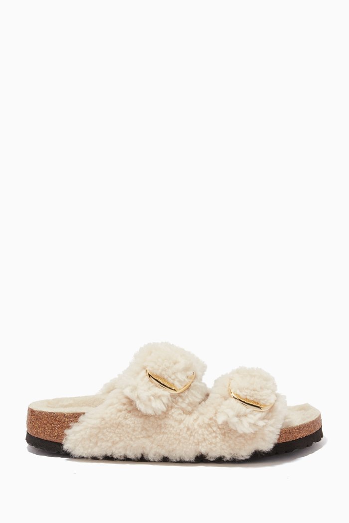 Arizona Big-buckle Sandals in Shearling, Neutral