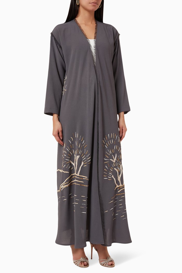 

Embellished Raw-edged Abaya in Crêpe, Grey
