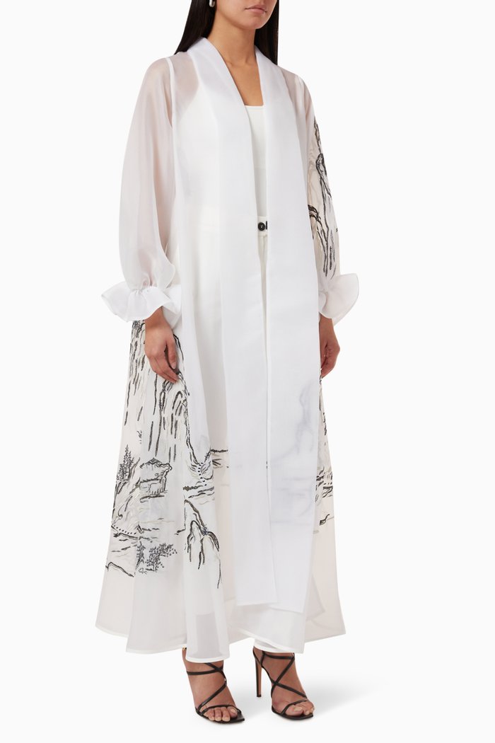 

Embroidered Sheer Abaya in Organza, White