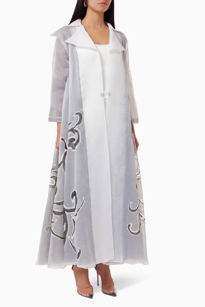Embellished Abaya in Organza & Tulle, White