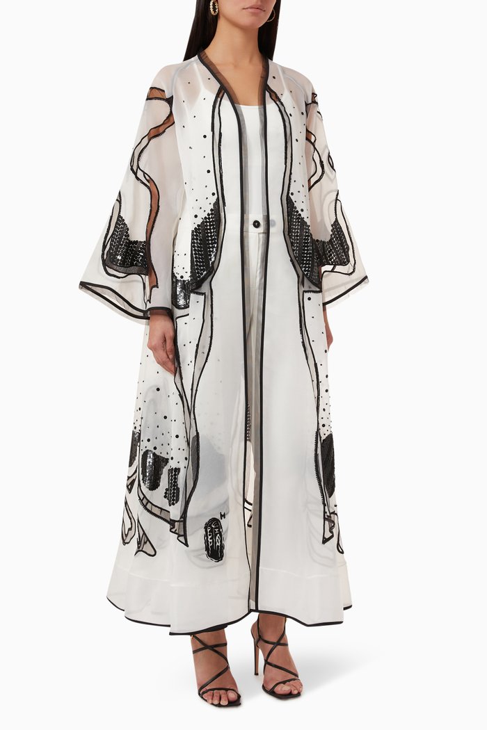 

Embellished Cut-out Abaya in Organza, White