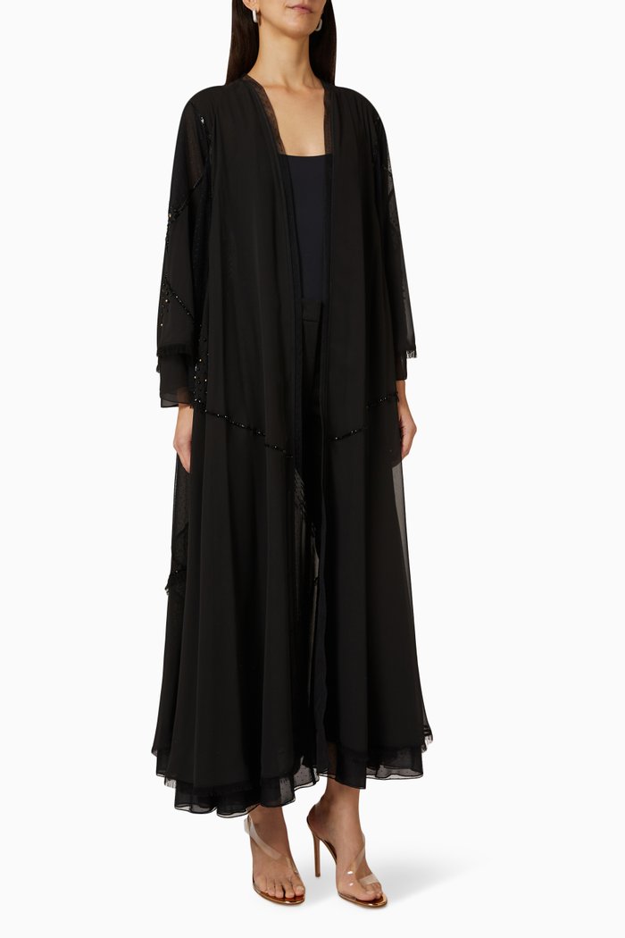 

Embellished Abaya in Chiffon & Tulle, Black
