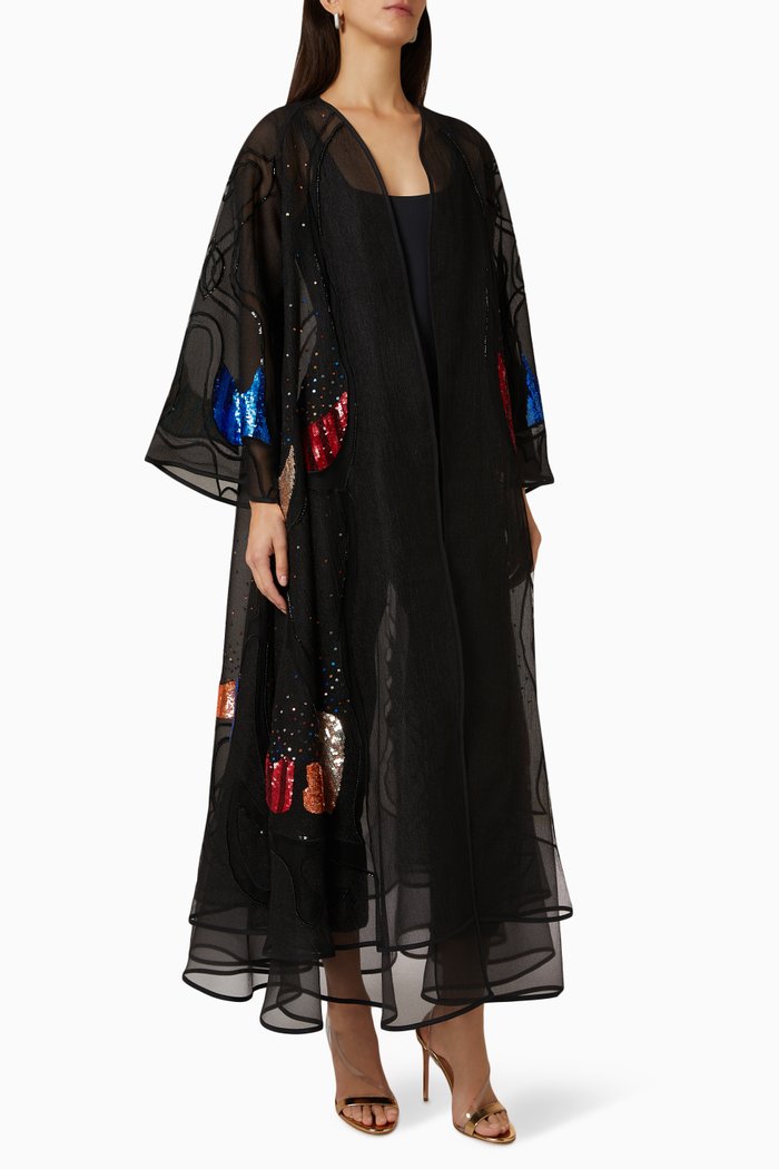 

Sequin-embellished Flared Abaya in Organza, Black