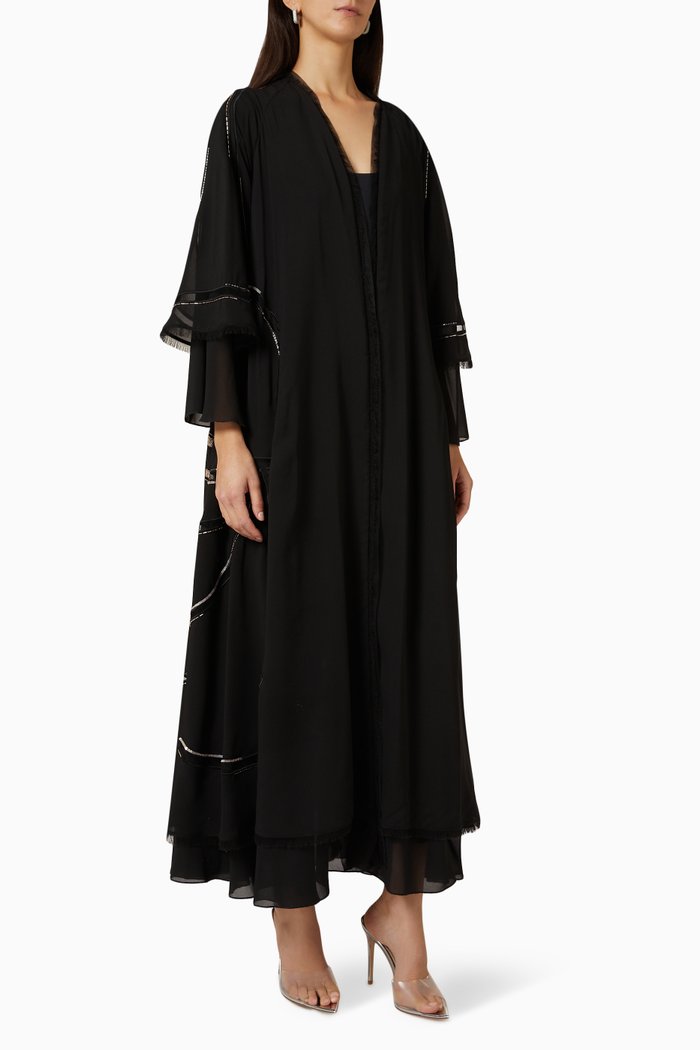 

Bead-embellished Raw-edge Abaya in Chiffon, Black