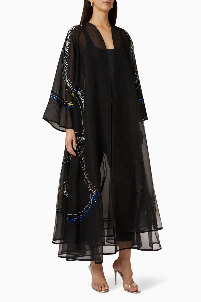 

Embellished Flared Abaya in Organza, Black