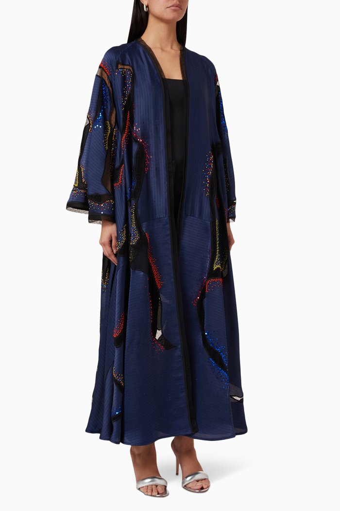 

Embellished Flare-sleeved Stripe Abaya in Crêpe, Blue