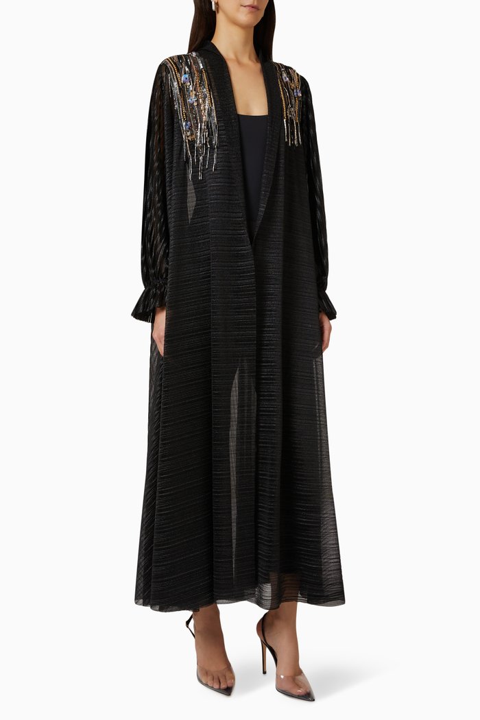 

Embellished Pleated Sheer Abaya in Chiffon, Black