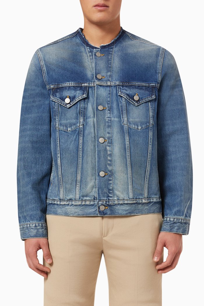 Raw-edge Collarless Denim Jacket, Multicolour