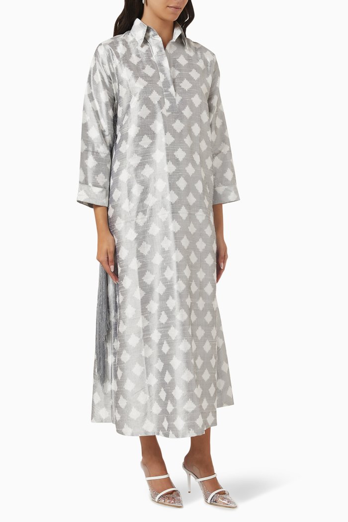 

Fringed Shirt Dress in Silk, Grey