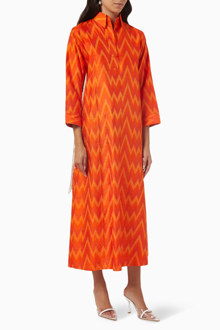 Sequinned Fringe Shirt Dress in Silk, Orange